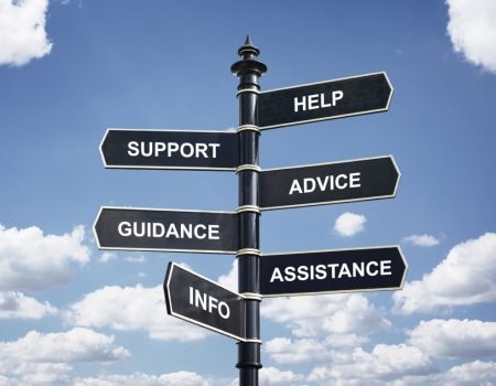 Help, support, advice, guidance, assistance and info crossroad signpost business concept